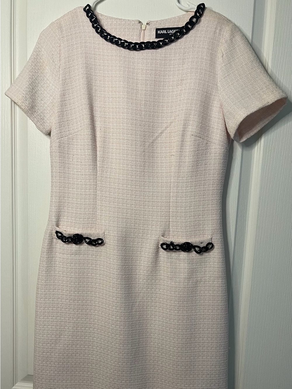 Karl Lagerfeld Pale Pink Tweed Midi Dress with Black Chain Trim